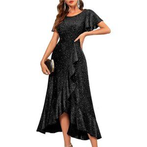 Women's Sequin Formal Dress Flutter Short Sleeve Wedding Cocktail Long Dress